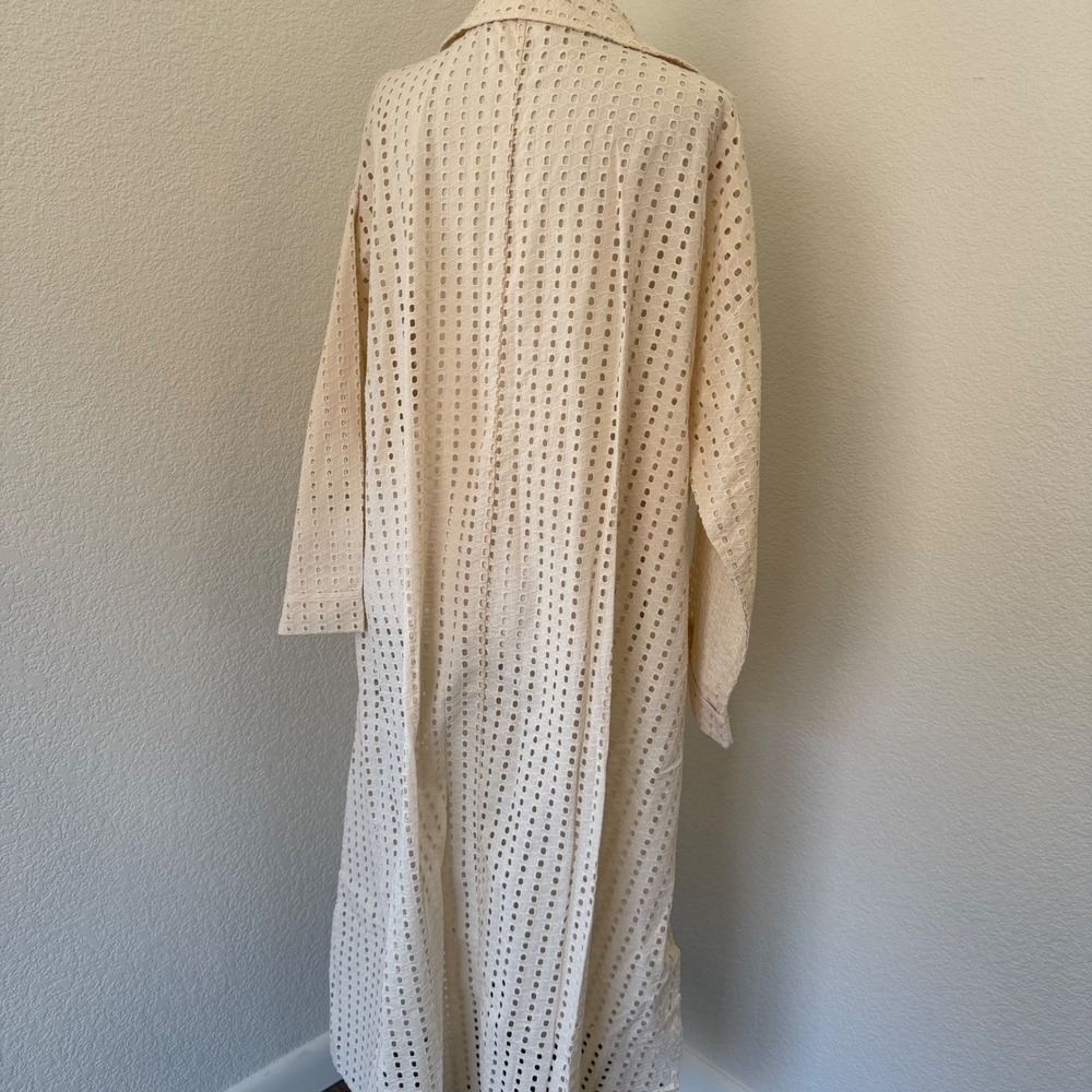 Anthropologie Eyelet Duster Cardigan Womens OS Beige Cotton Longline Open Front - Picture 4 of 7